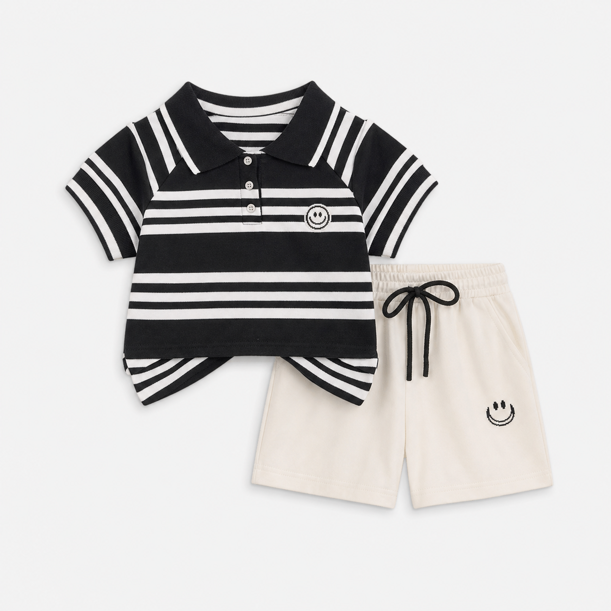Black Stripe Polo and Cream Shorts Set showcase
