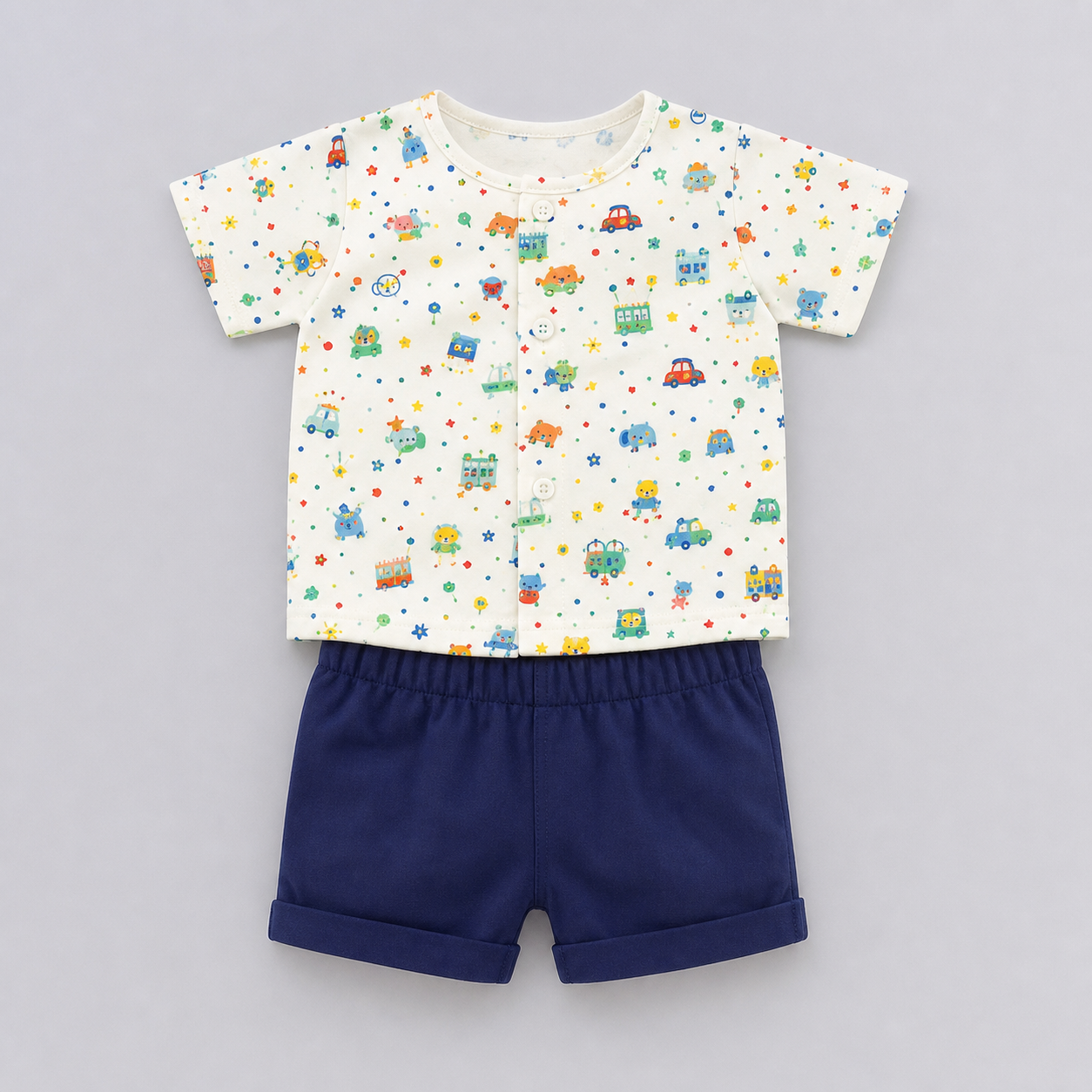 White Multicolour Cartoon Tee Navy Set showcase