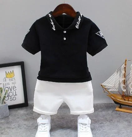 Black Script-Collar Polo White Shorts Set showcase