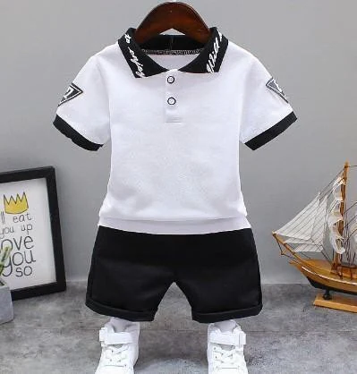 White Script-Collar Polo Black Shorts Set showcase