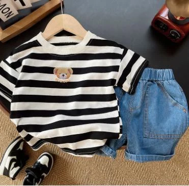 Black Stripe Bear Tee and Denim Shorts Set showcase