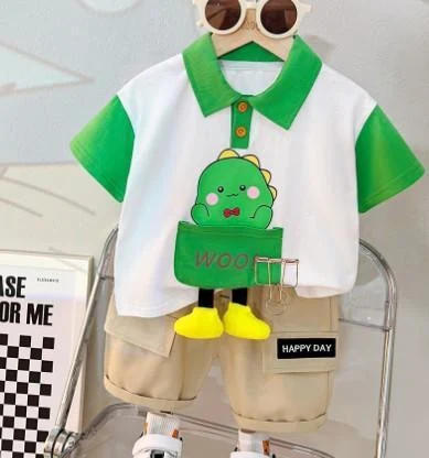 Green Dinosaur Pocket Polo Shorts Set showcase