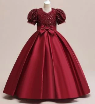 Wine Sequin Puff-Sleeve Gown showcase