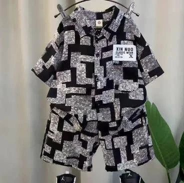 Black Geometric Henley Shorts Set showcase