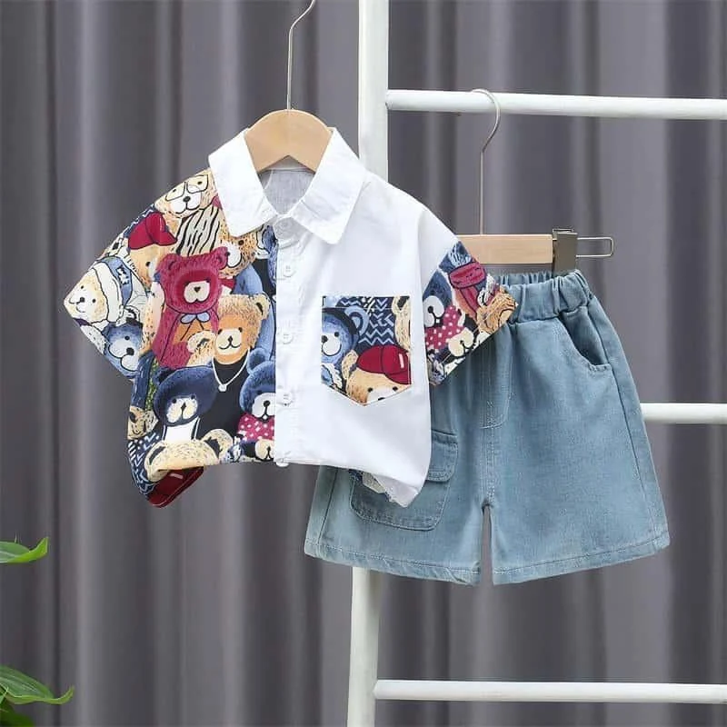 Teddy Print Panel Shirt Set showcase