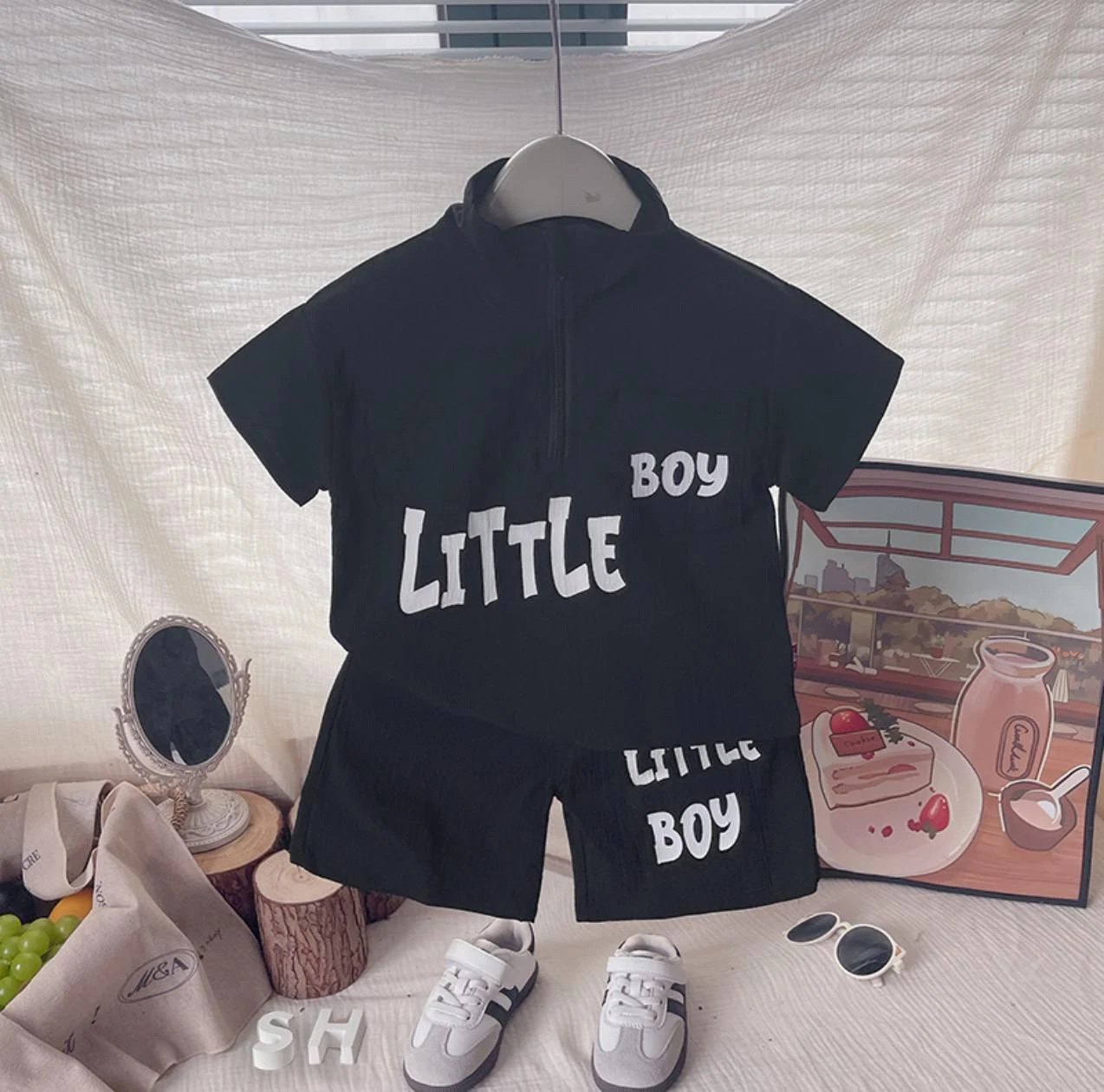 Little Boy Black Hooded Shorts Set showcase