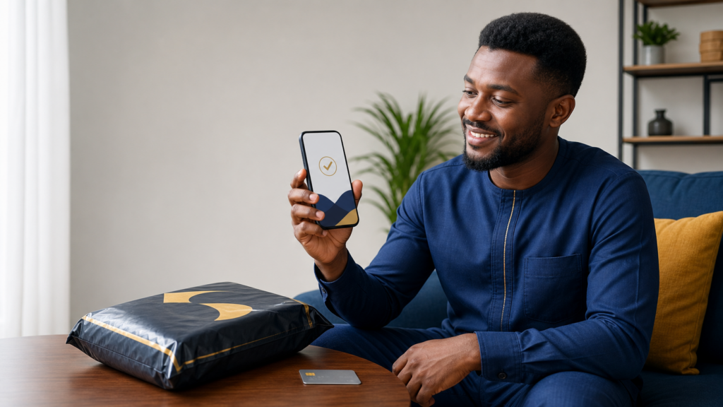Ghanaian customer reviewing a marketplace checkout confirmation beside a sealed parcel