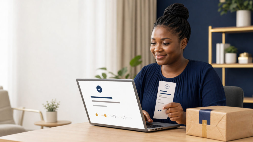 Ghanaian customer reviewing a digital receipt and order reference after marketplace payment