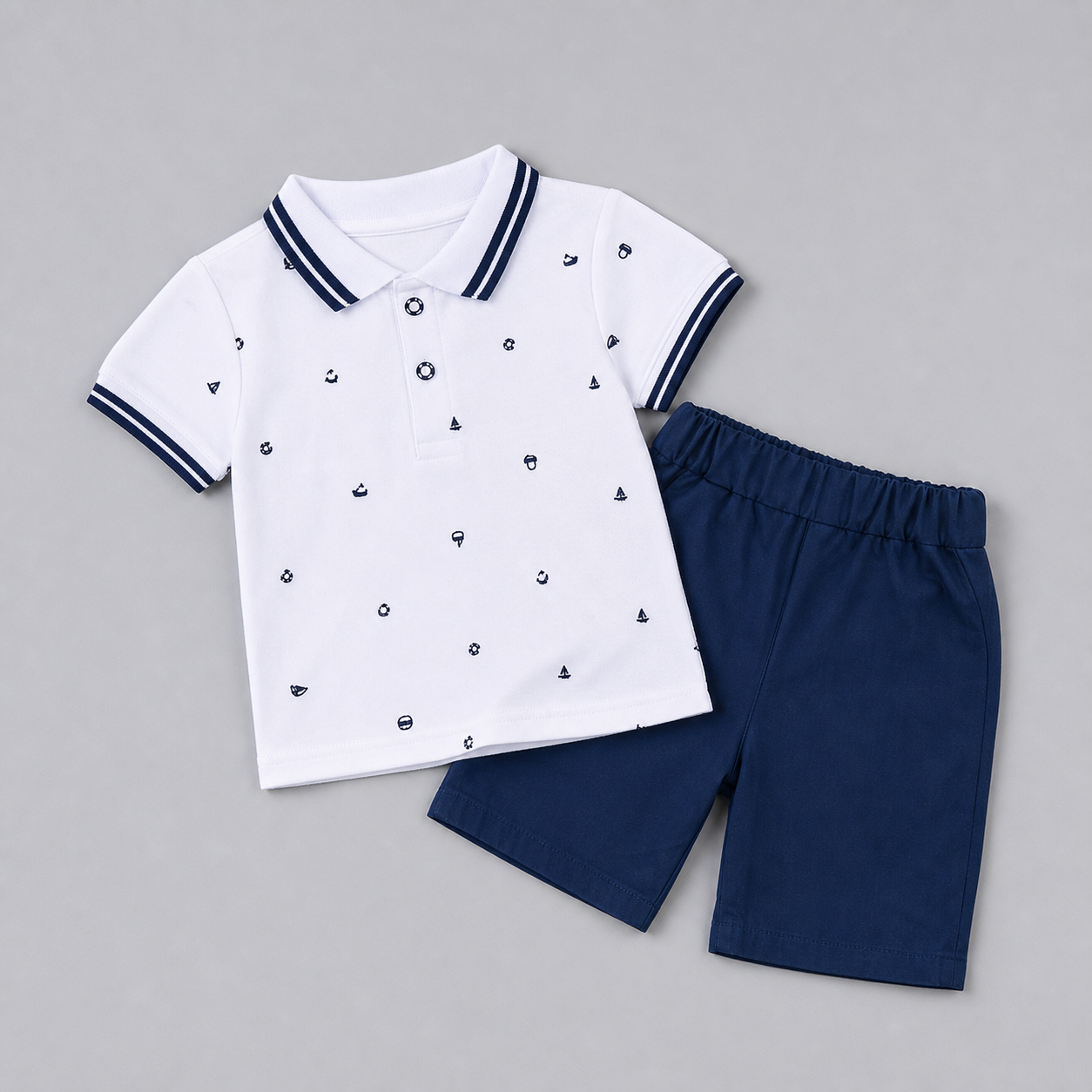 White Mini-Print Polo and Navy Shorts Set showcase